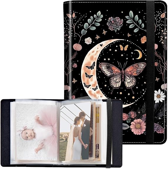 Photo Album 4x6 Photos - 120 Photos PU Leather Cover with Strong Elastic Band, Small Photo Pictures Album Birthday Christmas Photo Albums Family Wedding, Aesthetic Butterfly Moon