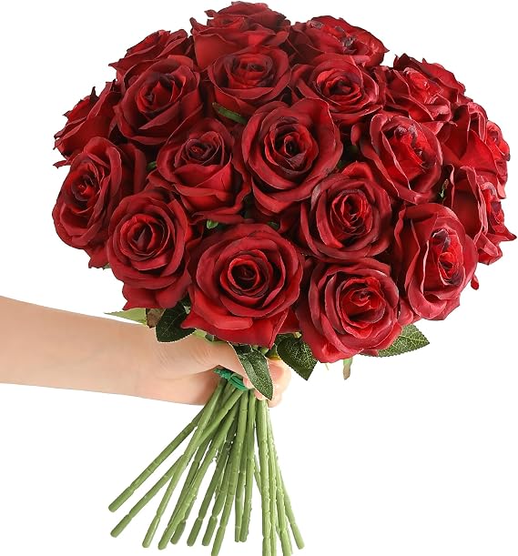 Tifuly 12Pcs Roses Realistic Long Stem Fake Silk Artificial Flowers Red