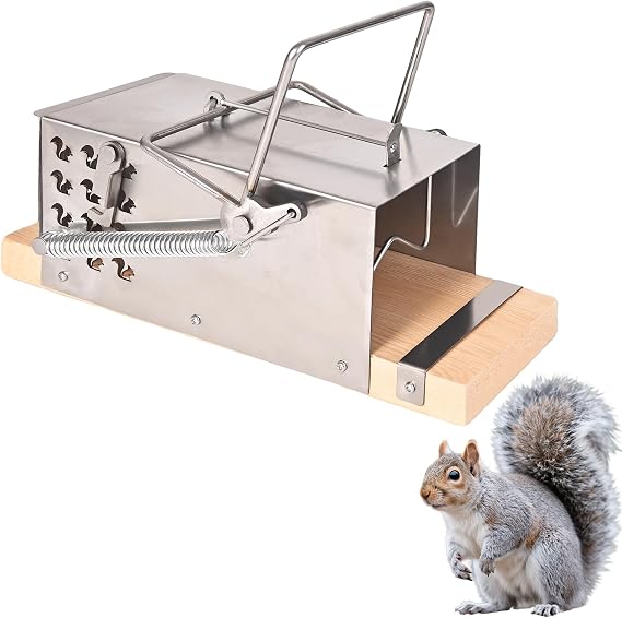 Outdoor Animal Trap Cage - Stainless Steel Frame + Cedar Wood Base, Mechanical Safety Design, Non-Toxic and Harmless, Suitable for Garden/Forest/Field(Anti-Touch Latch)
