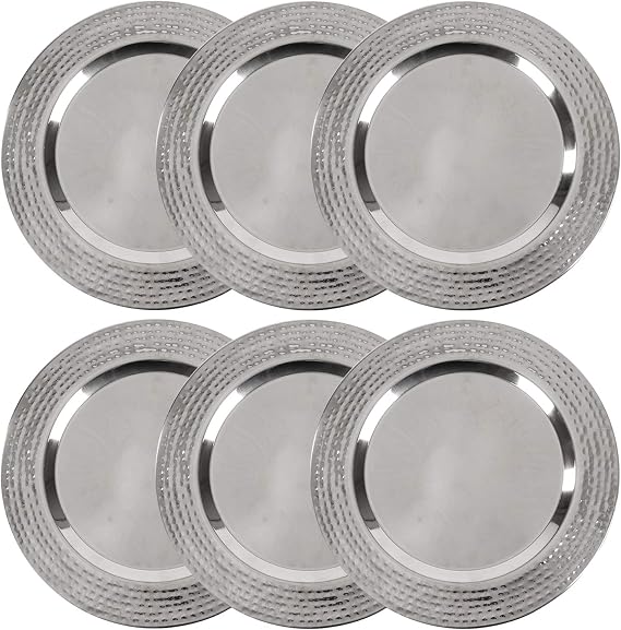 Stainless Charger Plate - 6 Pack - 13 inch Stainless Steel Chargers for Dinner Plates with Hammered Rim - Silver Charger Plates Set