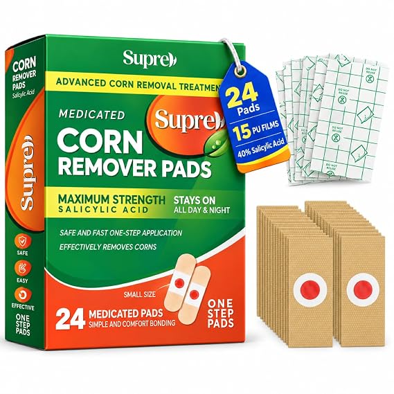 SupreH Corn Removers for Toes Feet Bandages: Corn Cushions and Small Callus Removal with 40% Salicylic Acid Long Adhesive - for Adult Seniors Nurses Hikers Athletes Men Women Pads 22 P