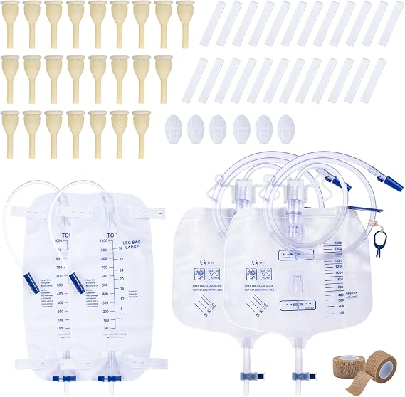 External Condom Catheter for Men Kit, 24 Soft Latex, 6 Catheter Stabilization Devices, 2 x 1000mL Urinary Leg Bags, 2 x 2000mL Overnight Catheter Bag, 2 Roll Tapes Set for Incontinence Men Use (25mm)