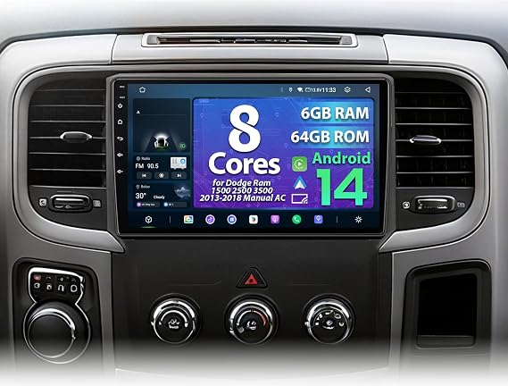 8 Core 6+64G Car Radio for Dodge Ram 1500 2500 3500 2013-2018 Manual AC with Wireless CarPlay & Android Auto, 9" OLED Touchscreen Android 14 Ram 1500 Radio Stereo Upgrade, SWC/AM/FM/RDS, 1080P Camera