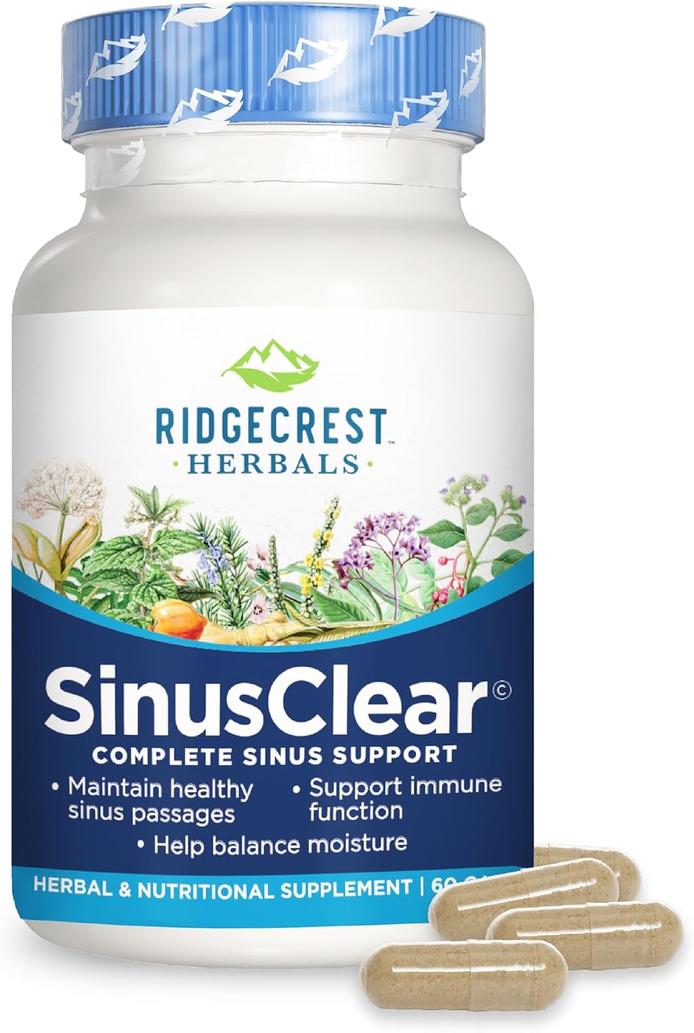 RidgeCrest Herbals SinusClear, Complete Formula for Sinus and Nasal Health with Mullein Leaf, Bromelain, Vitamin C, and Zinc, for Healthy Mucus, Immune & Respiratory Support, 60 Veg Caps, 30 Serv