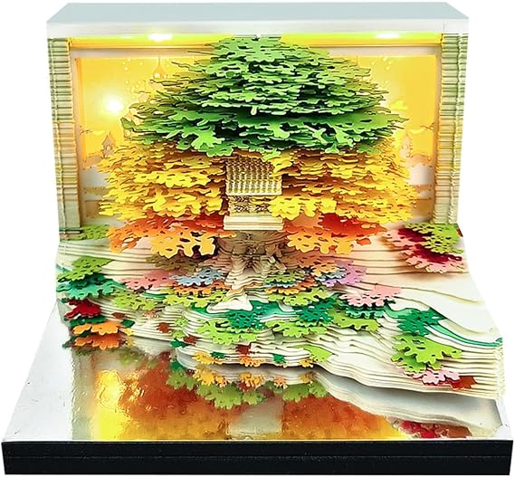 3D Desk Calendar 2026, 3D Art Calendar Memo Pad, HXCQYGL New Creative Time Piece Calendar, Tear-Away 3D Paper Notepad With Led Lights, Art Paper Carving, Holiday, New Year Gift (Green Treehouse)