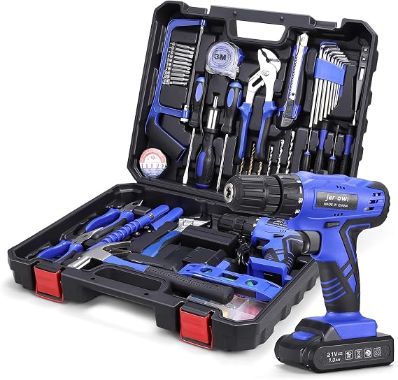 112 Pieces Power Tool Combo Kit with 21V Cordless Drill Professional Home Home Tool Kit Set with DIY Hand Tool Kit for Garden Office Home Repair Maintenance Blue