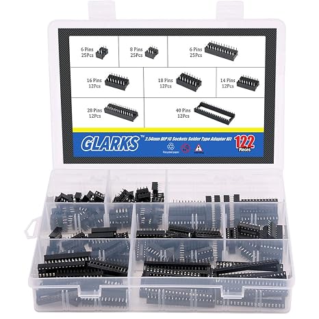 glarks 122pcs 2.54mm Pitch DIP IC Sockets Soldering Version Adapter Assortment Kit (6/8/14/16/18/24/28/40 Pins)