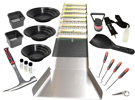 Complete Gold Mining Kit; Folding 50 inch River Sluice Box; Prospecting Equipment; Rock Pick Hammer; Gold Classifiers; Pay Dirt Scoop; Crevice Tools and More Gold Prospecting
