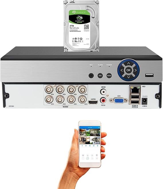 Evertech HD H.265 8 Channel Hybrid DVR Security Recorder with 2TB Hard Drive, Compatible with AHD/TVI/CVI/Analog Cameras