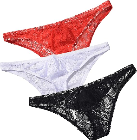 Mens lace Briefs Underwear for man gay bikini Men's Mesh Lace underpants breathable sexy U convex bulge Pouch 2 Pack