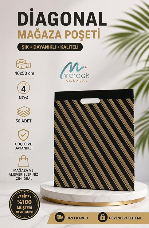 Çizgili Mağaza Poşeti (NO 4) 50 Adet 40x50 Cm Çizgili Takviyeli Poşet Diagonal Poşet