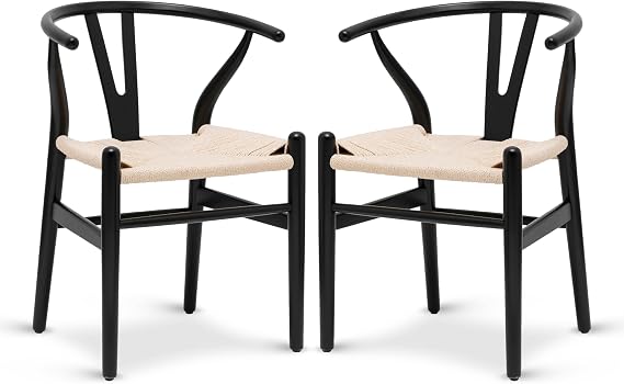 Poly & BARK Weave Dining Chairs Mid-Century Modern Wishbone Dining Chairs with Arms, Solid Wood Frame, Indoor Use Black Set of 2 - Ideal for Dining Room, Kitchen or Stylish Accent Setting