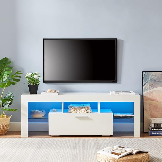 White TV Stand LED Entertainment Center for TVs up to 55", TV Cabinet with 3 Shelves 1 Large Storage 16 Dynamic RGB Modes Game Console for Lounge Room, Living Room or Bedroom