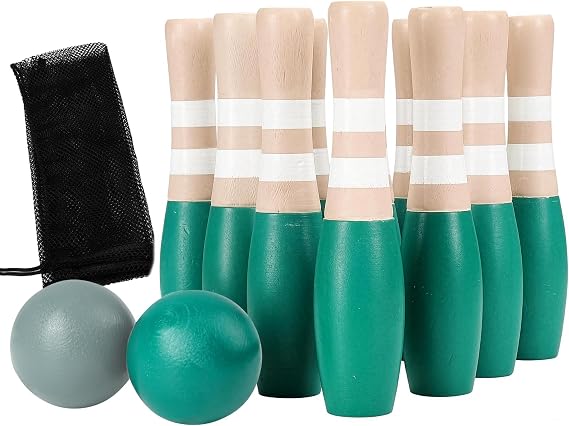 Sterling Sports Wooden Lawn Bowling 9" Skittles Set with Carrying Mesh Bag for Indoors and Outdoors - 10 Wooden Pins and 2 Balls, Green/Turquoise and Gray