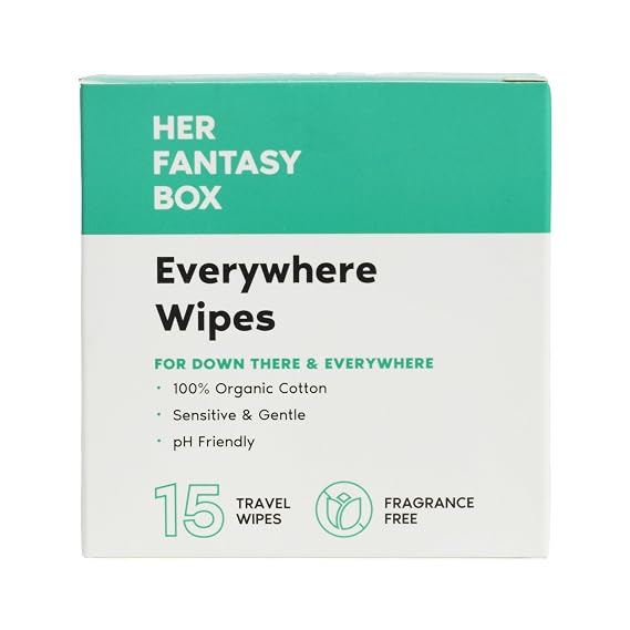 Her Fantasy Box | Everywhere Wipes 100% Organic Cotton, Gentle & Refreshing, pH-Balanced, Fragrance-Free, Plant-Powered for Body, Face & Intimate Areas, Ideal for Sensitive Skin - 1 Pack, 15 Wipes