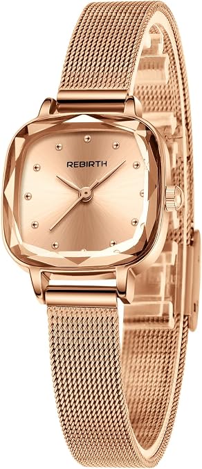 Reginald Women's Square Dress Watch with Mesh Band Elegant Quartz Watch for Women, Faceted Crystal Case, Minimalist Dial, Adjustable Stainless Steel Bracelet