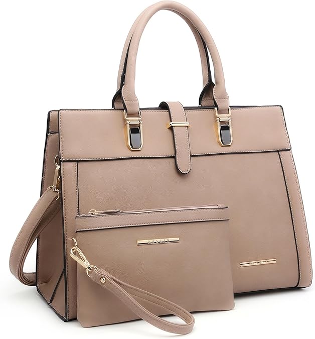 Womens Belted Satchel Purse Top Handle Work Tote Bag with Matching Wristlet