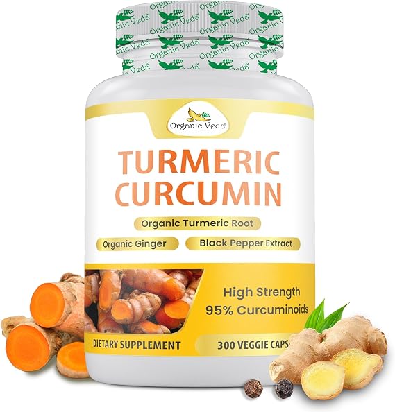 Organic Veda Turmeric and Ginger Supplement, 5 Months Serving, 300 Capsules 95% Curcumin Organic Turmeric Root with Black Pepper Extract for High Absorption Joint Comfort & Antioxidants Complex
