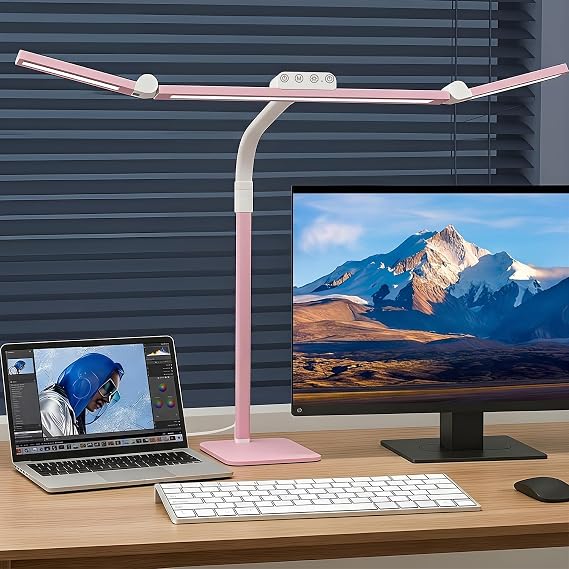 LED Desk Lamp for Home Office with Base, 28.2" Adjustable Gooseneck Swing Arm Bright Desk Light, Dimmable Architect Table Lamp for Desktop Computer Light, Reading, Study, Workbench(Pink)