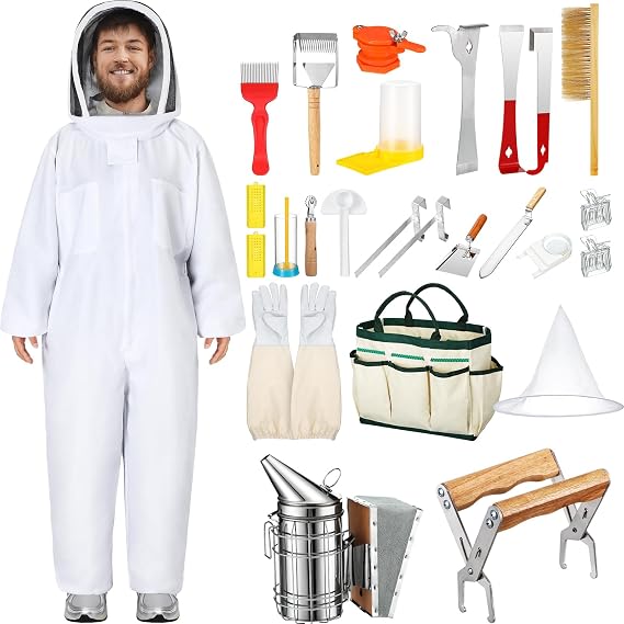 30 Pcs Beekeeping Starter Kit Bees Keeper Starting Kit All Bee Suit Gloves Hive Boxes Storage Bag Beekeeper Supplies Tools for Beekeepers Men Women(S)