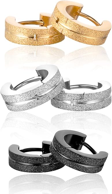 Yumilok Jewelry 6 Pcs Stainless Steel Huggie Hinged Hoop Creole Earrings Set for Mens Womens, 3 Pairs(Black, Silver, Gold)