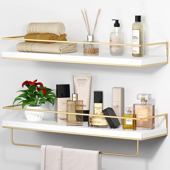 Shario Floating Shelves - Set of 2, Wall Mounted Hanging Shelves with Golden Towel Rack, Decorative Storage Shelves for Bathroom, Kitchen, Living Room & Bedroom