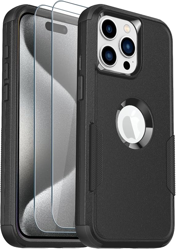 for iPhone 15 Pro Max Case, [2+Tempered Glass Screen Protector] [10 FT Military Dropproof], Non-Slip Shockproof iPhone 15 Pro Max Phone Case 6.7 Inch (Black)