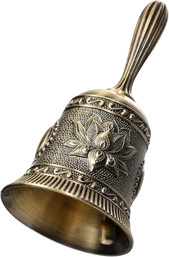 Super Loud Solid Brass Hand Call Bell Lotus Polished Vintage Metal Hand Dinner Bell Call Service Handbell for Bedside Wedding Classroom Meditation