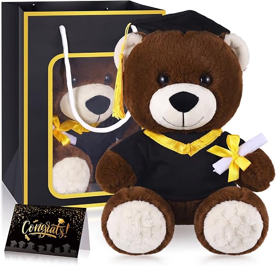 Bear with Graduation Cap Toys Class of 2026 Plush Stuffed Teddy Bear Animal Dog Cap and Gown with Greeting Card and Bag for Graduation Day Gift(Black A)