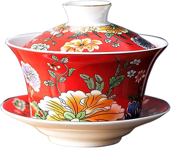10oz Large Gaiwan, Ceramic Teacup, Chinese Traditional Gaiwan -Red