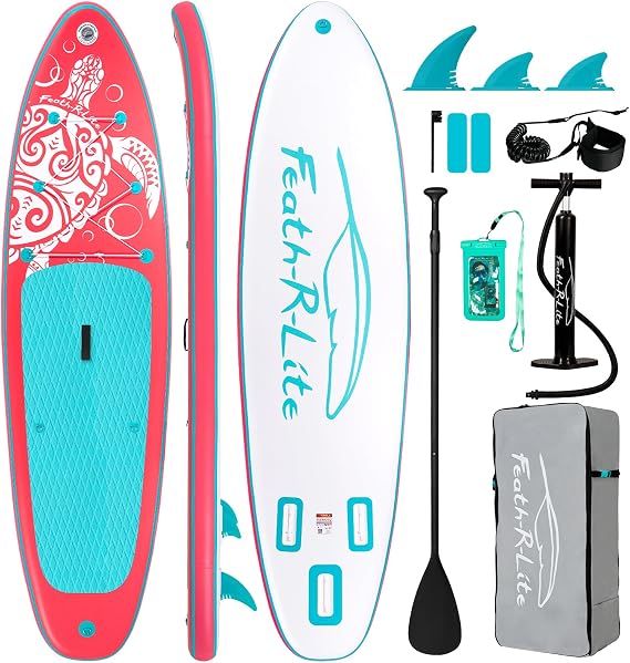 FEATH-R-LITE Inflatable Stand Up Paddle Board, Ultralight - SUP Accessories: Adjustable Paddle, Pump, Backpack, Leash, Fins - For All Skill Levels