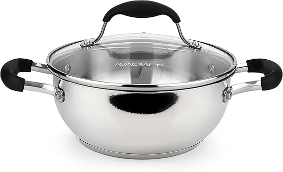 AVACRAFT 18/10 Stainless Steel Everyday Pan, Stir Fry Pan with Five-Ply Base, Chefs Pan with Glass Lid, Multipurpose Stewpot Skillet, Saute Pan, Casserole in Pots and Pans (8 inch)