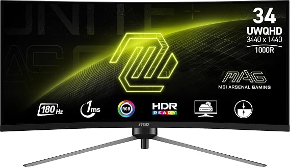msi MAG 345CQR 34-inch 3440 x 1440 (UWQHD) Gaming Monitor, 180Hz, AMD FreeSync Premium, HDR Ready, HDMI, VGA Port, VESA, Tilt, 1ms, Black