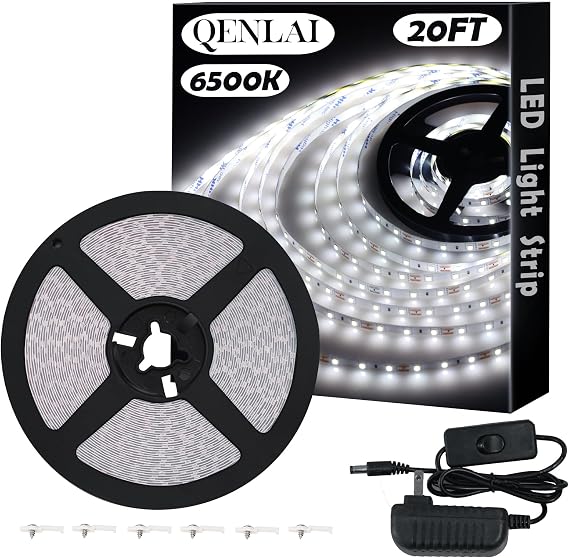 20ft White LED Light Strip Kit, 6500K Strip Light, 360 LED 12V Flexible Cuttable LED Light Strips for Bedroom Kitchen Under Cabinet Lighting Indoor