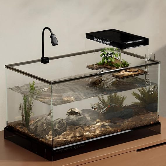 PC Turtle Basking Platform with Lid and Nonslip Ramp 20x14x14cm Large Tortoise Habitat Heat Resistant Reptiles Platform for Aquatic Turtles and Amphibians Transparent
