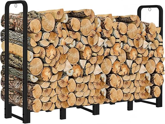 Firewood Rack Outdoor 8ft Heavy Duty Logs Holder for Indoor Fireplace Metal Wood Pile Storage Stacker Organizer, Matte Black