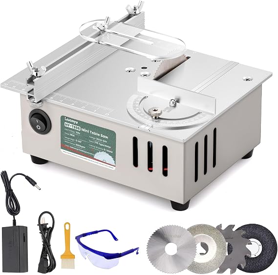 Huanyu Mini Table Saw 96W 9000RPM Hobby Electric Saw 7-Level Speed Adjustable 0-90 Angle 15MM Cutting Depth with Blade Model DIY Crafts Cutting Tool for Precision Cut Metal Wood Plastic Acrylic