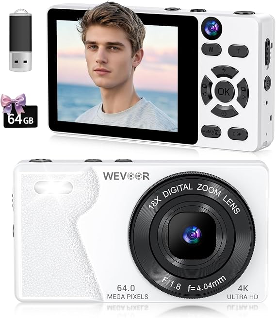 4Kデジタルカメラ 写真用 - デュアルレンズ付き64MPオートフォーカスVlogカメラ、18倍デジタルズーム - 64GBカードと2000mAhの小型ポイント&シュートカメラ YouTube、旅行、初心者向け