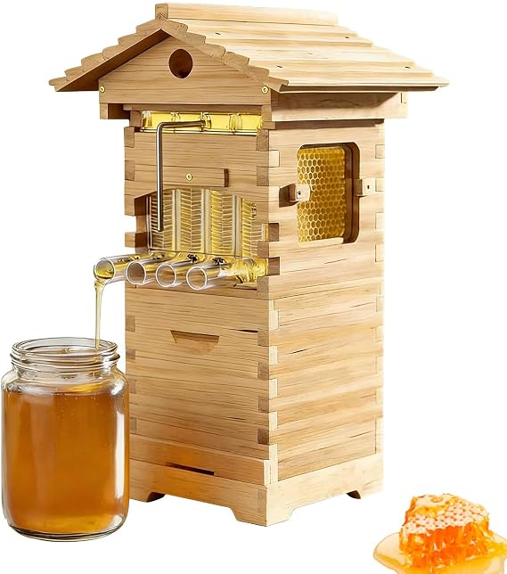 Beehive Starter Kit, Self-Flowing Wooden Bee Hive Box with Observation Window & Honey Spout, Complete Beekeeping Supplies for Backyard Beginners