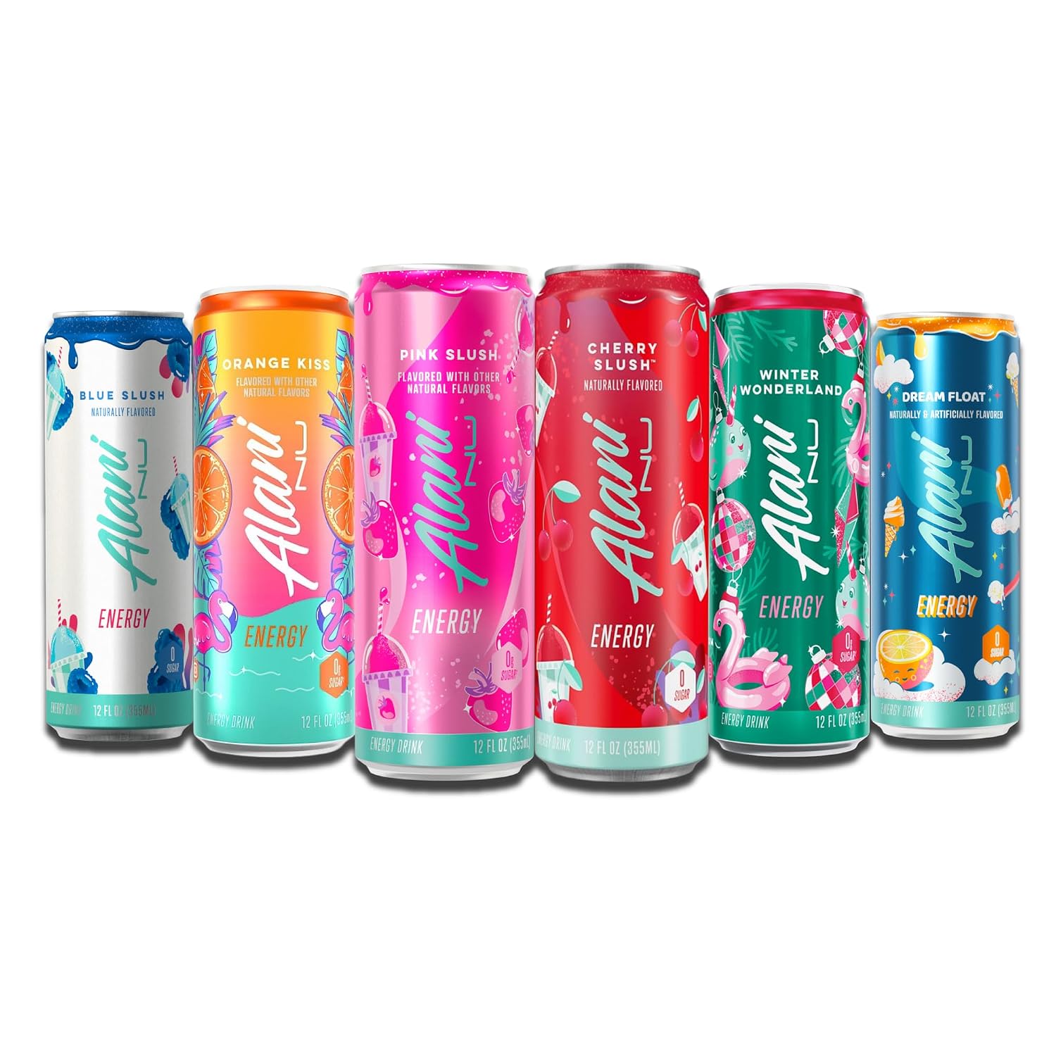 New Alani Energy Drink Variety Pack Pink Slush, Blue Slush, Cherry Slush, Orange Kiss, Winter Wonderland, Dream Float, Sugar-Free, 12 fl oz Low-Calorie Energy Boost Drink Pack of 6