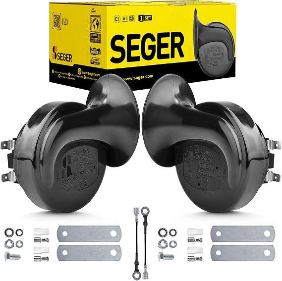 SEGER Trumpet Car Horn Set - Truck Horn - Waterproof - High/Low Tone, 12 Volt, Universal Fit - Original 60B Series European Made 12V Loud Car Horns with Brackets and Assembly Kit