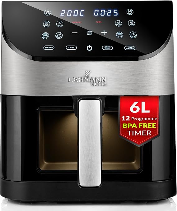 LEHMANN Hot Air Fryer 6L with Viewing Window 1500 W Air Fryer with 12 Programmes Temperature Control 76-200°C Timer LED Touch Display Fryer without Fat for Grilling Baking and Frying