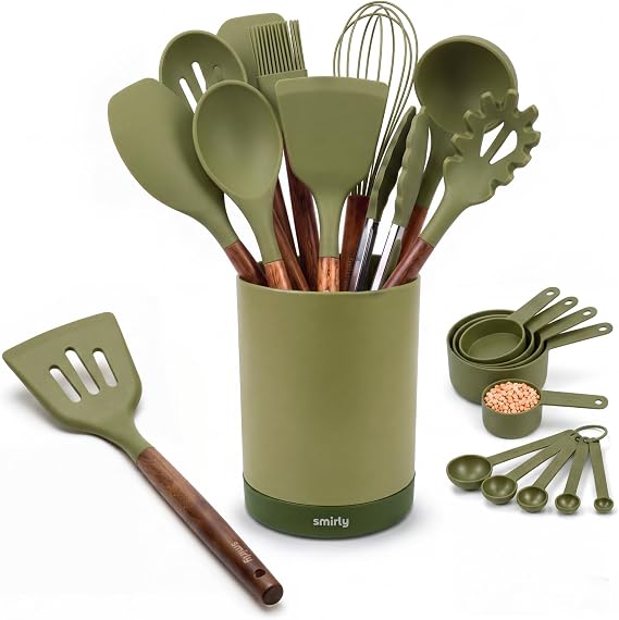 SMIRLY Silicone Kitchen Utensils Set, 22-Piece Acacia Wood Handle, Green