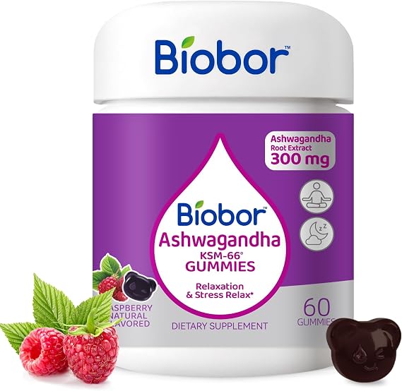 Biobor Ashwagandha Gummies, KSM-66 Ashwagandha Root Extract with Vitamin D3, Relaxation Support & Immune Support for Adults - GMO Free, Gluten Free