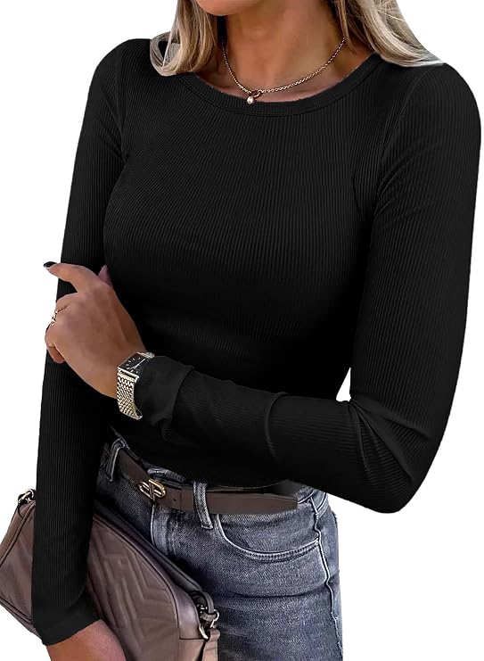 Women Long Sleeve Shirts Rib Knit Slim Fit Tops Basic Tee 2026 Fall Outfits Casual CrewneckT-Shirt Y2k Clothes