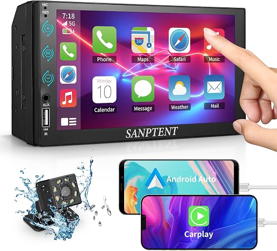 SANPTENT Double Din Car Stereo Compatible with Apple Carplay and Android Auto, 7-Inch Touch Screen Car Stereo, Car Radio Receiver with Bluetooth, Rear View Camera, AM/FM/AUX Input, Screen Mirroring