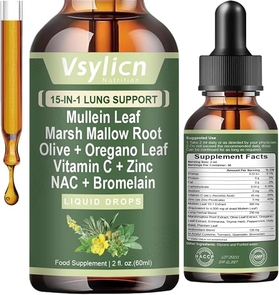 Mullein Drops, Mullein Extract for Lungs - Natural Mullein Leaf Extract Drops for Lung Cleanse and Healthy Breathing - NAC, Bromelain, Vitamin C & Zinc - Lung Detox - Fast Absorption - 2 fl oz (60ml)
