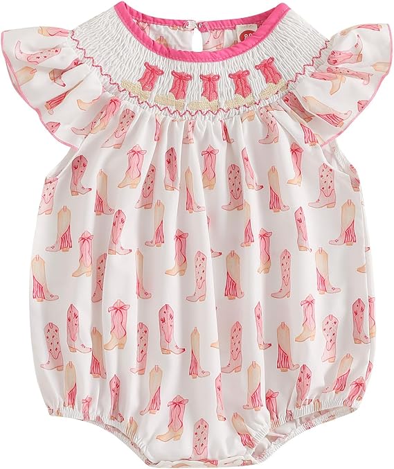 Kayotuas Newborn Baby Girls Smocked Bubble Romper Cute Embroidery Ruffle Gingham Bodysuit Dress Infant Toddler Summer Clothes