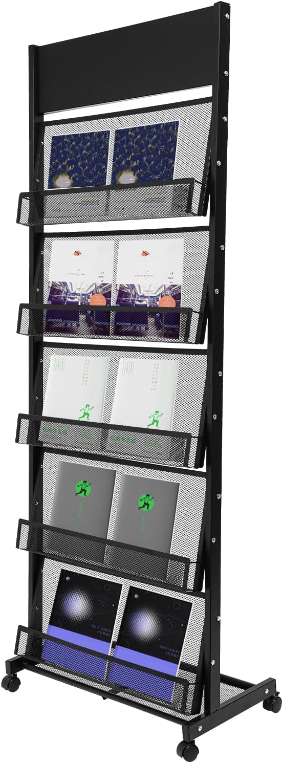 Magazine Rack, Brochure Display Stand on Wheels, 5 Pockets Catalog Literature Rack, Magazine Holder Newspaper Stand for Exhibitions Office Retail Store Trade Show