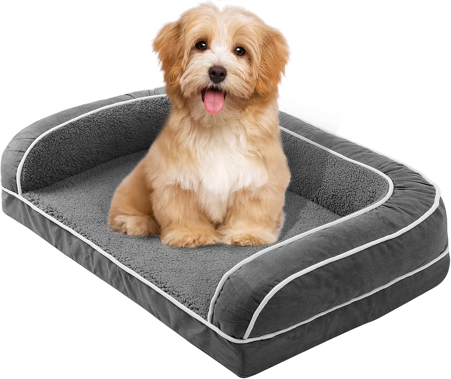ZOOMOS PETOK Plush Orthopedic Foam Large U-Shaped Sofa-Style Chaise Couch Long Faux Fur Calming Donut Dog Bed for Large Dogs & Cats